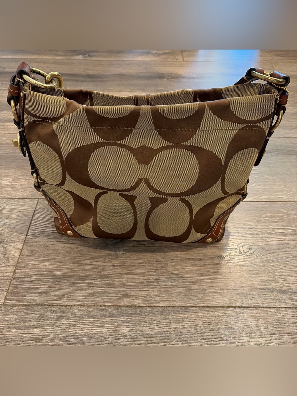 Coach Brown/Tan Signature Carly Shoulder Bag with Leather Trim